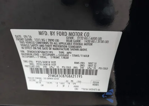 2016 Ford Flex Sel from USA, damaged, VIN 2FMGK5C87GBA21195